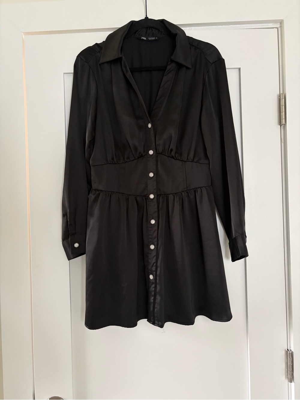 Zara Rhinestone Button Satin Mini Shirt Dress Black Medium